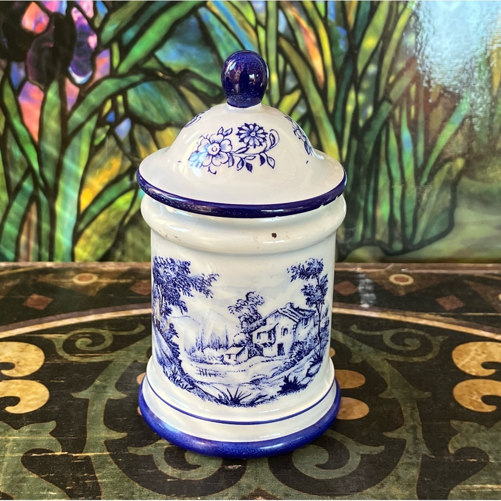 Vintage Mini Apothecary Jar Otco Italy Blue White Ceramic